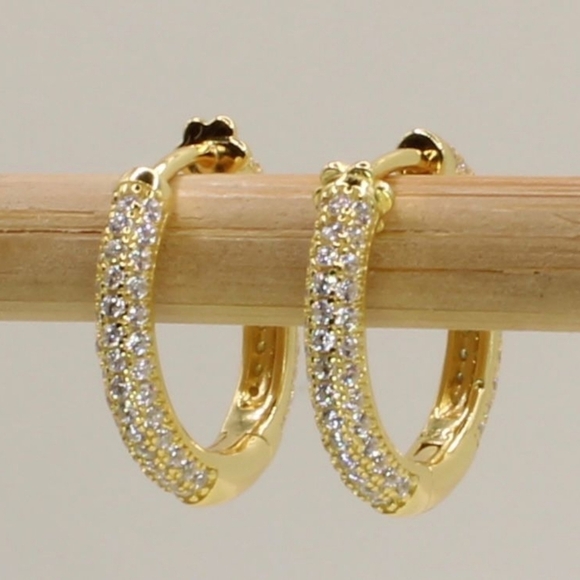 Gold Plated 925 Sterling Silver Sparkling CZ Huggies / Hoop Earrings - Picture 3 of 13